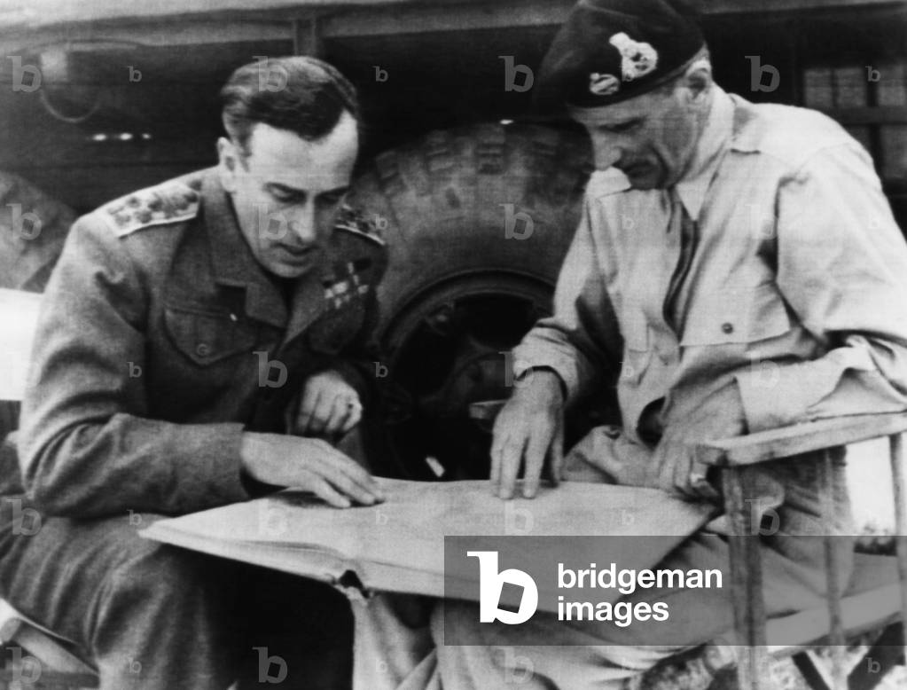 World War II. British Admiral Lord Louis Mountbatten, Supreme Allied Commander in Southeast Asia, and British General Sir Bernard Montgomery, British Ground Forces Commander in northern France, Normandy, France, August, 1944