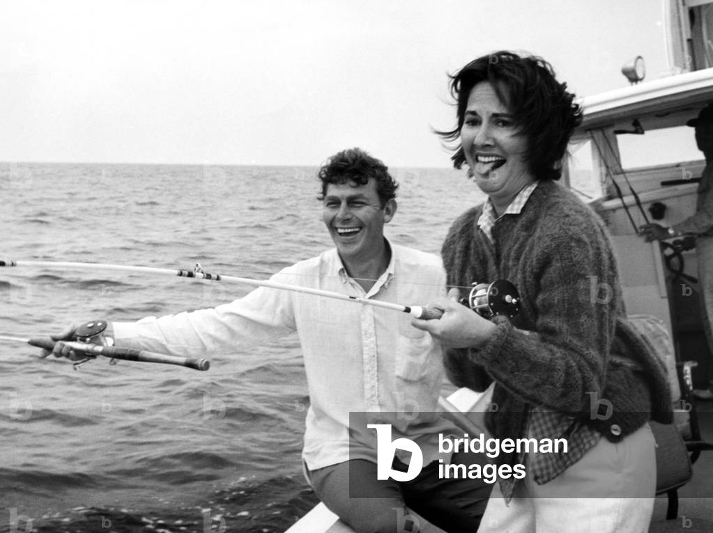 Andy Griffith and his wife Barbara fishing in Roanoke, North Carolina. c.1963