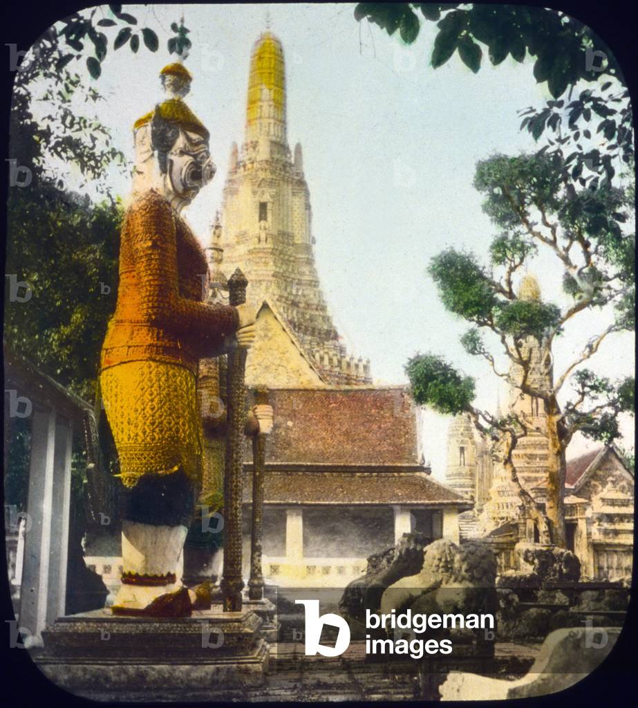 Thailand, palace court interior, Bangkok, hand colored lantern slide, photograph by William Henry Jackson, 1895