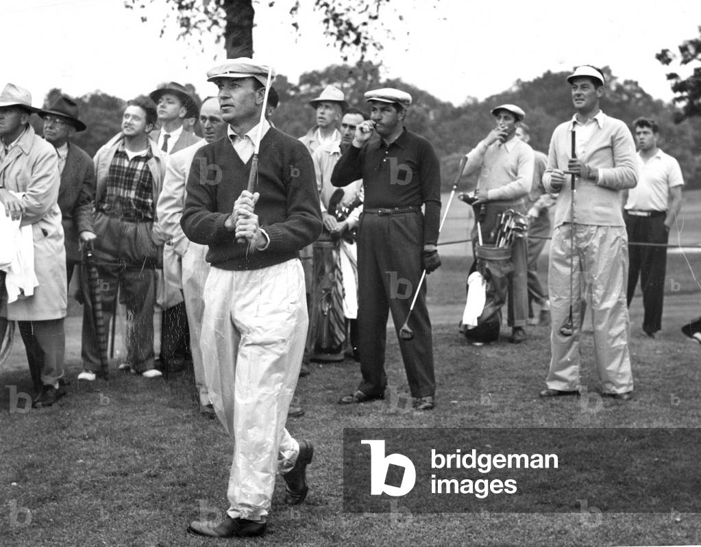 Ben Hogan takes practice shot in New Rochelle, NY, 06-14-50 after coming back from near death auto accident the year before.