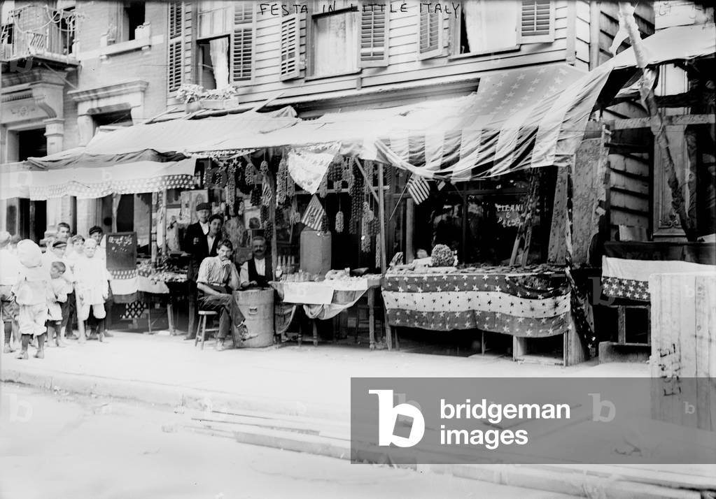 New York City, Italian wares on display in front of shops in Little Italy, c.early 1900s