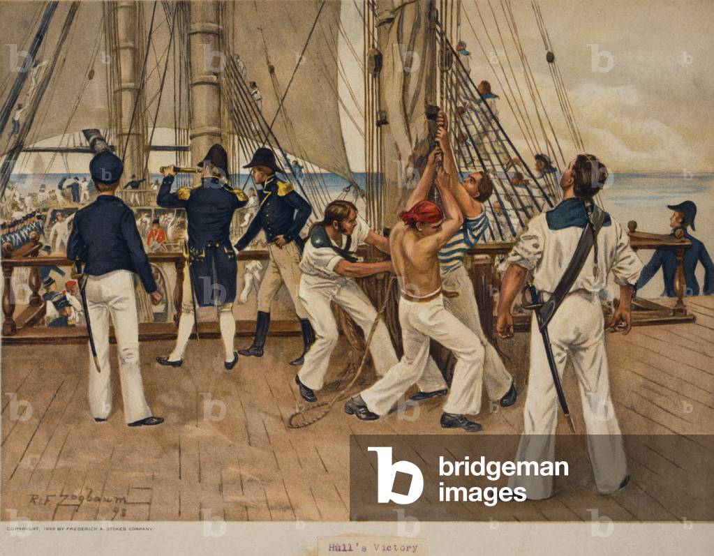 American sailors and officers on deck of USS Constitution during engagement with the HMS Gurri re off the coast of Nova Scotia. August 19 1812