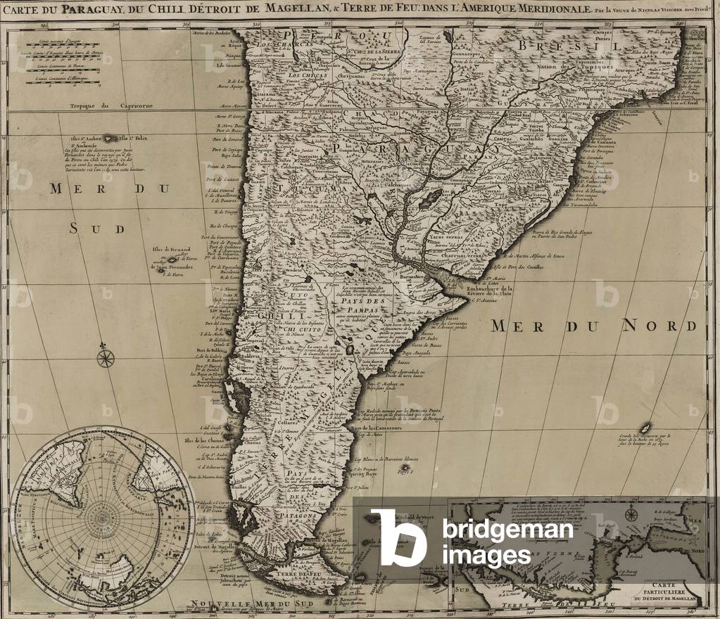 1745 map of northern South American continent, showing colonial place names for Brazil, Paraguay, Peru, Chile that would be nations following independence from Spain and Portugal