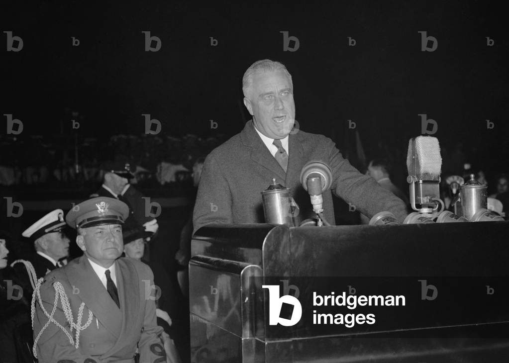 President Franklin Roosevelt attacking the Supreme Court in a Sept. 17, 1937 speech. FDR addressed the nation from the Washington Monument, declaring the Supreme Court's legalistic interpretations have delayed at 'terrible' cost needed social and economic reforms