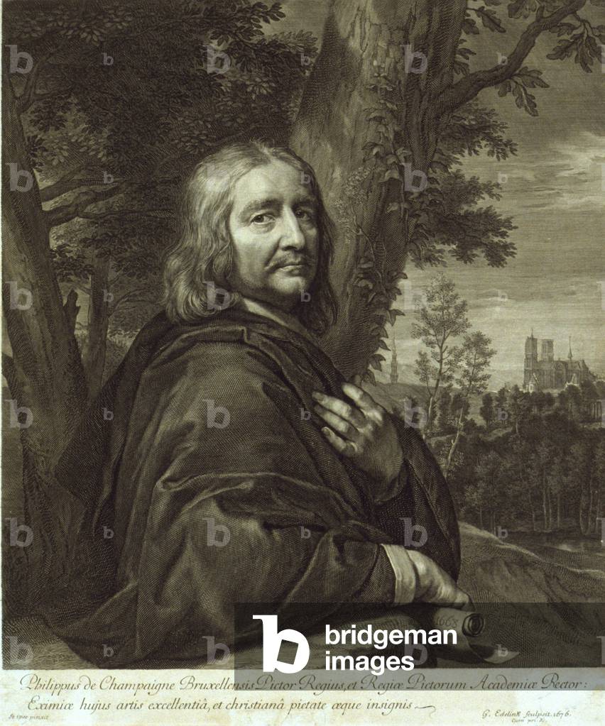 Philippe de Champaigne (1602-1674), French 17th century Baroque painter, based on his self-portrait of 1668. Engraved by Gérard Edelinck, 1676