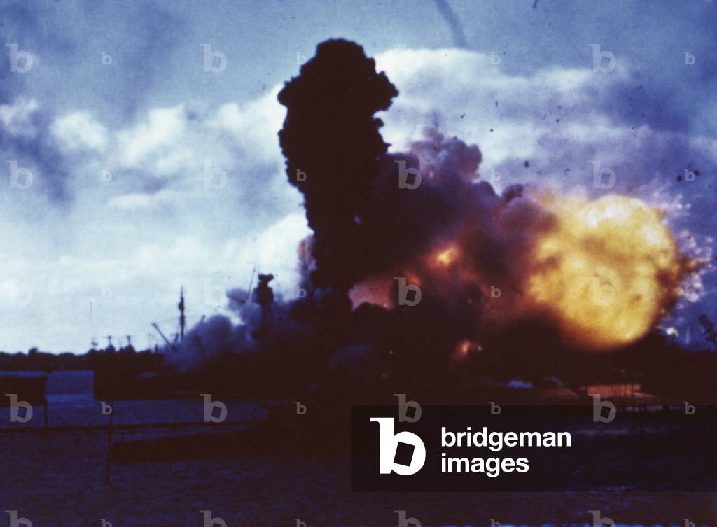 USS Arizona burns at Pearl Harbor after Japanese attack, Dec. 7, 1941