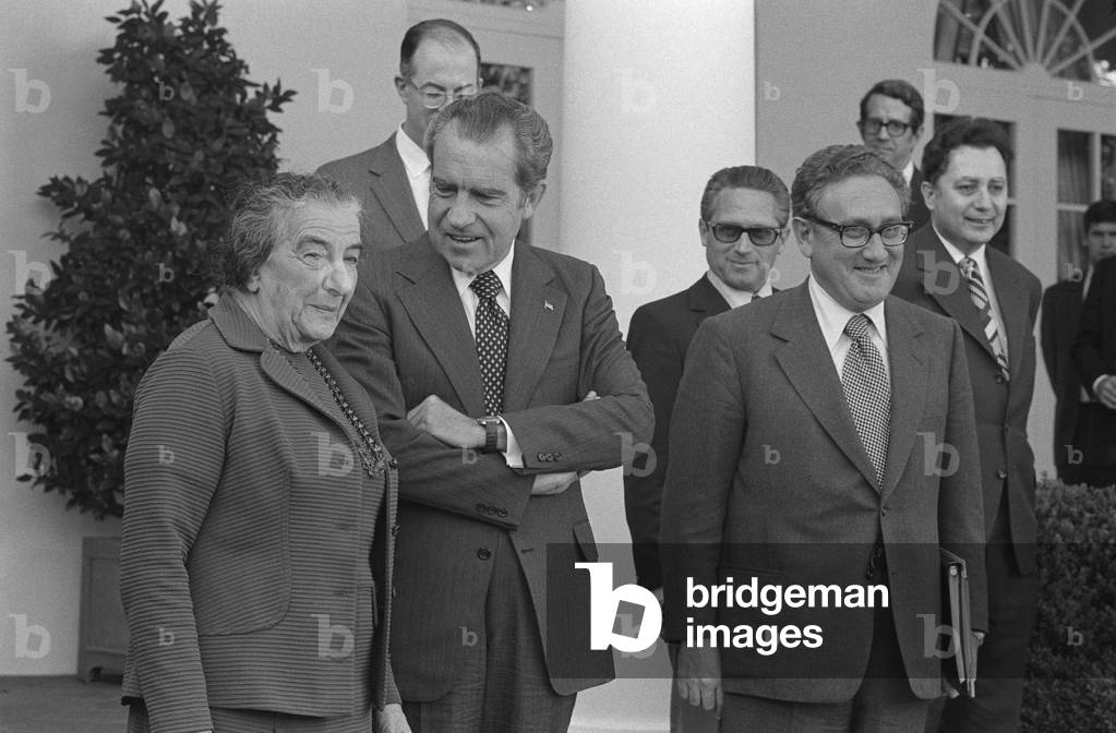 Israeli Prime Minister Golda Meir with President Richard Nixon and Henry Kissinger. Nov. 1, 1973 at the White House