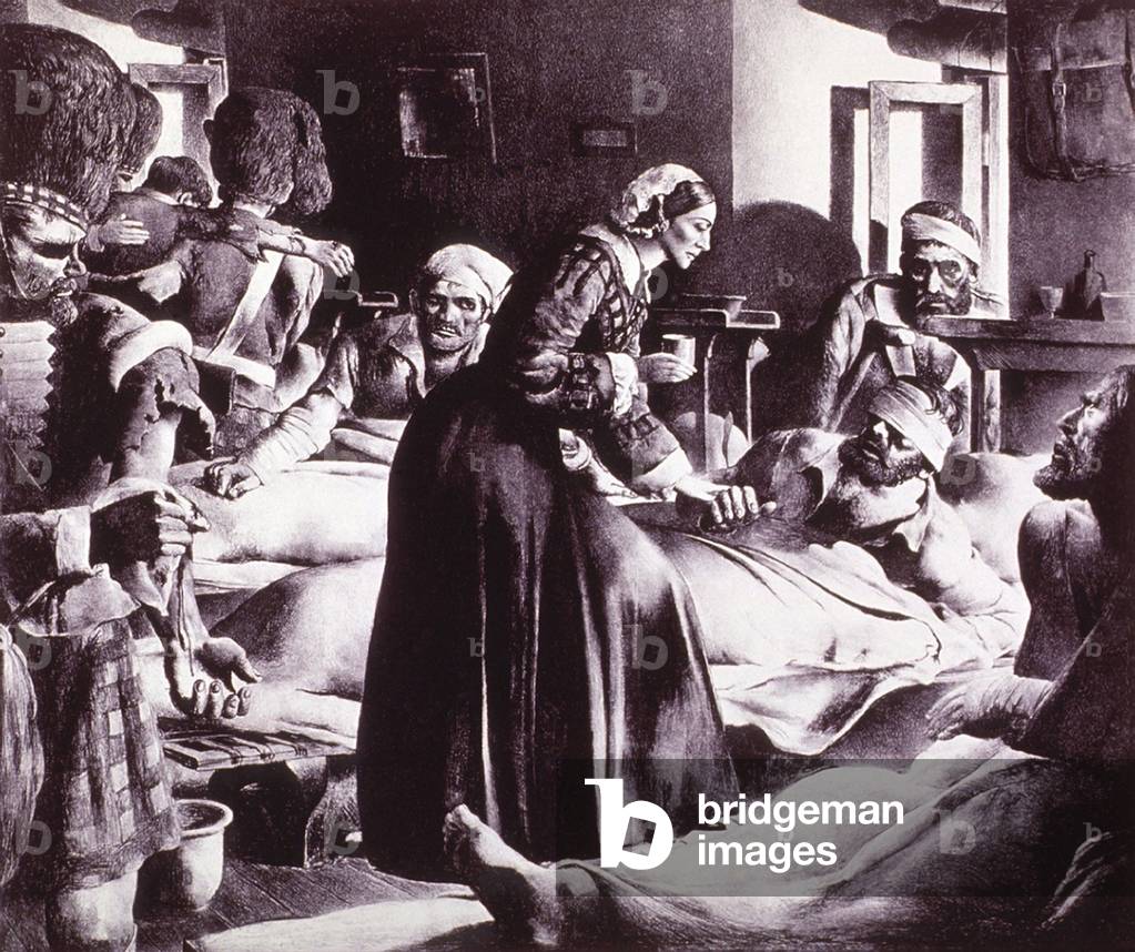 Florence Nightingale (1820-1910), ministering to soldiers at Scutari, a suburb of Istanbul (across the Bosporus from Istanbul) during the Crimean War. She defied her wealthy family by adopting the lower class profession of nursing. With her education and social position, she reformed the profession and British treatment of sick and wounded soldiers. 1854. Lithograph by Robert Riggs, c. 1930 with modern watercolor