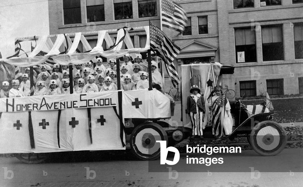 School children on a float in the Second Liberty Loan Parade, in Cortland, N.Y. World War I. c. 1917