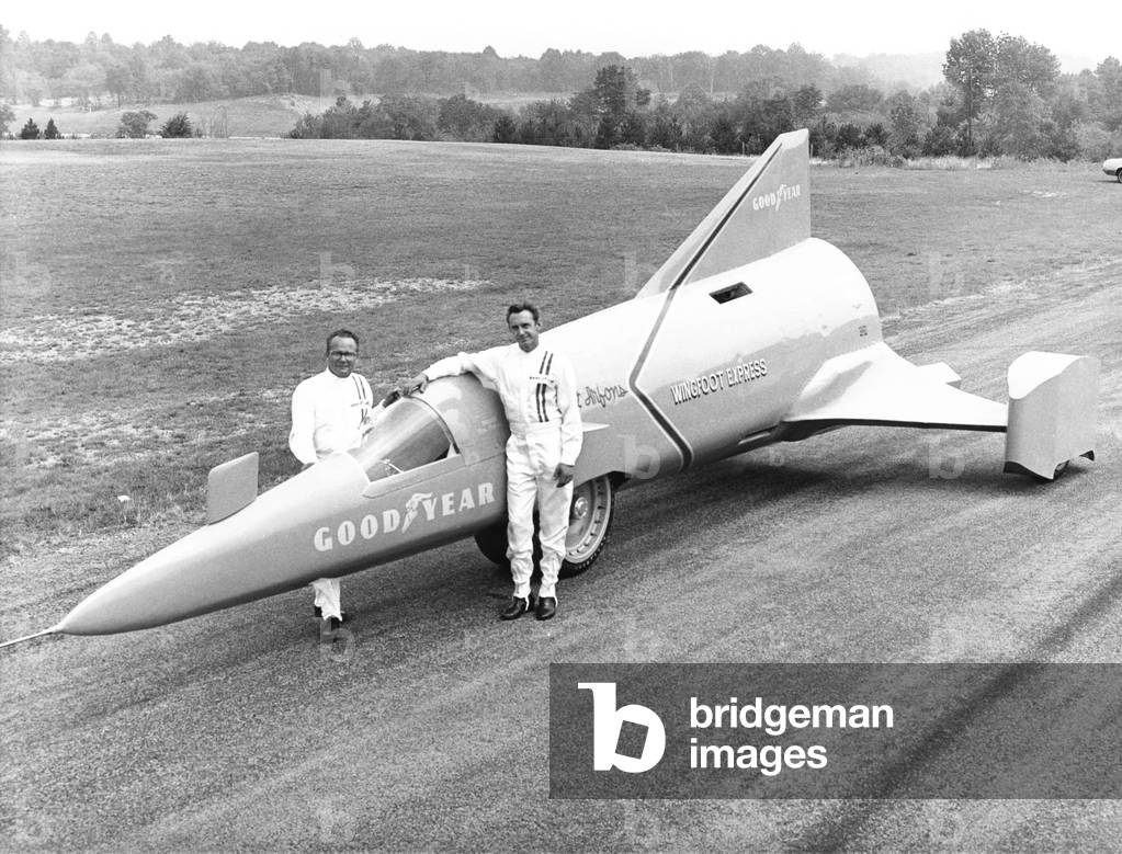 Drag racer Walter Arfons, with the 'Wingfoot Express' in 1964. Walt was sidelined by illness, so his partner Tom Green drove 'Wingfoot' at 413 mph to break Craig Breedlove's land speed record on Oct. 6, 1964. Three day later, Walt's brother and rival, Art Arfons broke this record. The eight days later Craig Breedlove surpassed it in his 'Spirit of America Sonic 1'