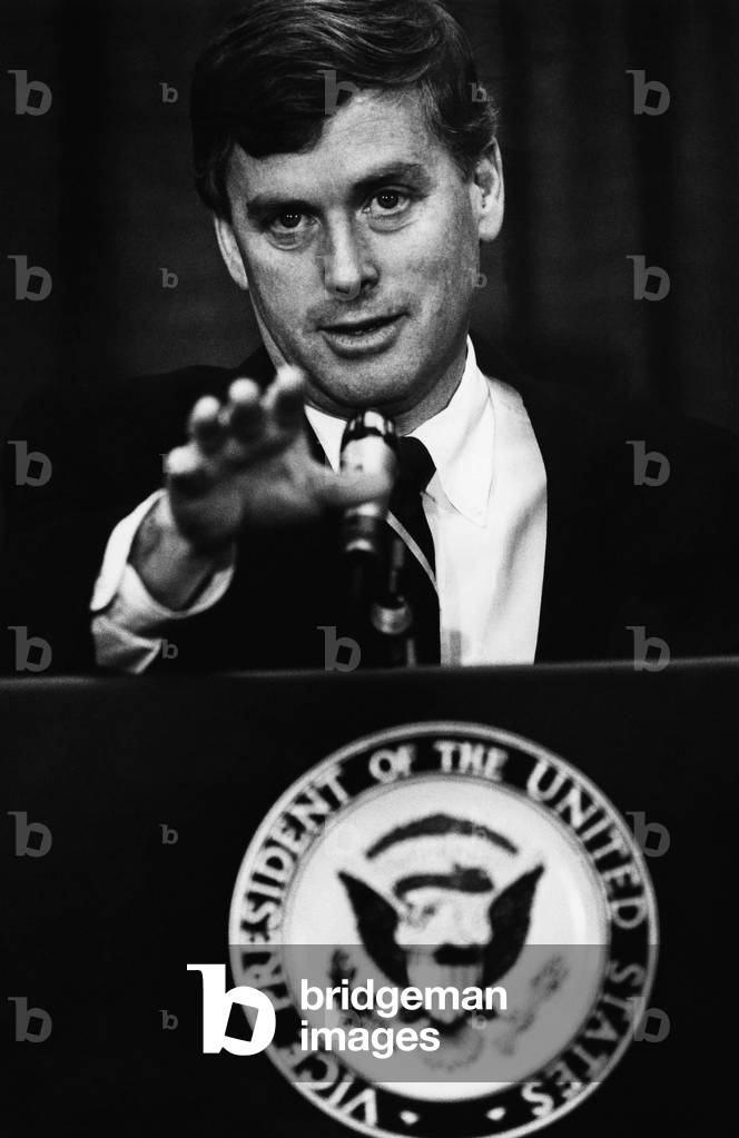 Bush Sr. Presidency. US Vice President Dan Quayle at press conference, c.1989