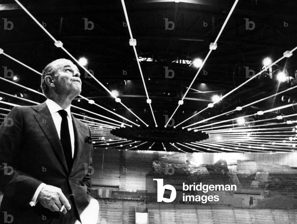 Jack Kent Cooke in the Forum sports arena he built for the Los Angeles Lakers and the Los Angeles Kings. He owns both teams, 1967