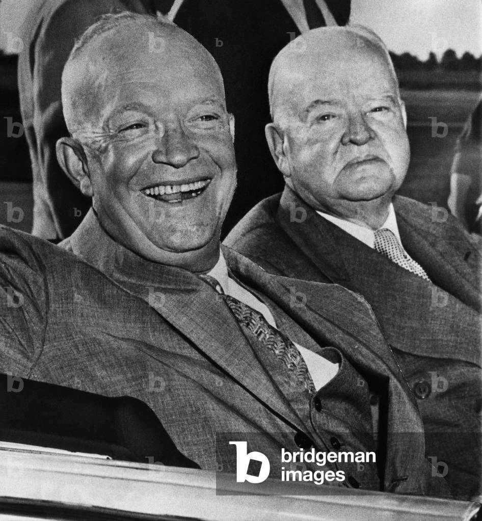 President Dwight D. Eisenhower, and Former President Herbert Hoover, heading to a fishing trip in the Rockies, Iowa, August, 1954