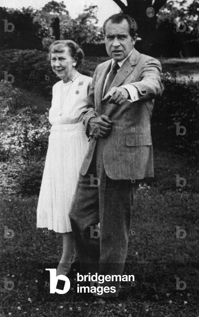 Nixon Presidency. Former First Lady Mamie Eisenhower walks with US President Richard Nixon at the Eisenhower farm, Gettysburg, Pennsylvania, 1972