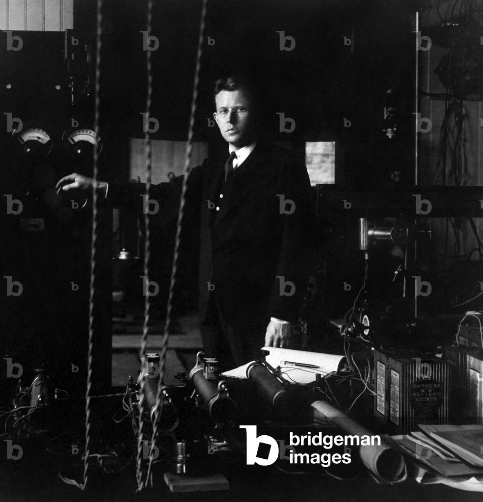 Ernest Orlando Lawrence (1901-1958), at the 10 inch Cyclotron at Berkeley. He won the 1939 Nobel Prize for Physics for the invention and development of the cyclotron. c. 1935