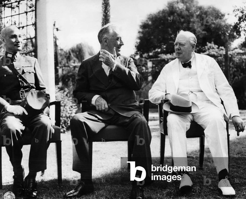 World War II. From left: Chinese Generalissimo Chiang Kai-shek, US President Franklin Delano Roosevelt and British Prime Minister Winston Churchill at the First Cairo Conference (codenamed SEXTANT), Cairo, Egypt, November 1943