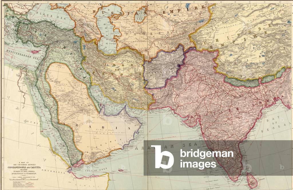 1912 English map of the countries between Constantinople and Calcutta: including Turkey in Asia, Persia, Afghanistan and Turkestan. Map shows international boundaries, railways, steamship routes, submarine telegraph lines, and British and Russian spheres of influence in Persia