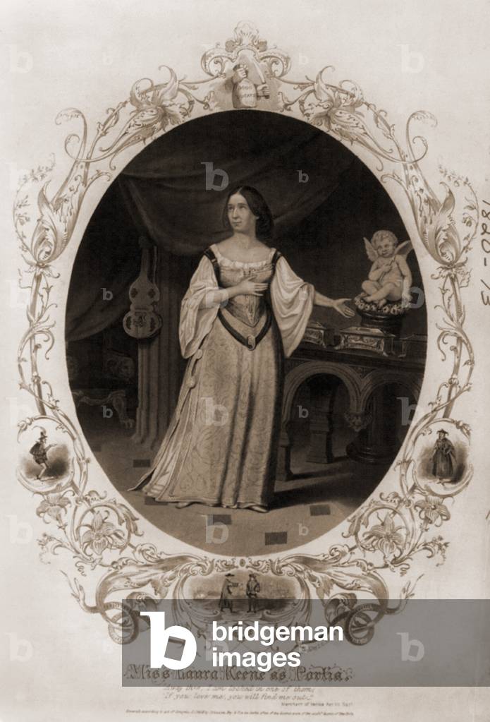 Laura Keene (1820-1873), English born actress, as Portia from Shakespeare's MERCHANT OF VENICE. After 1855 she spent most of her career in the United States