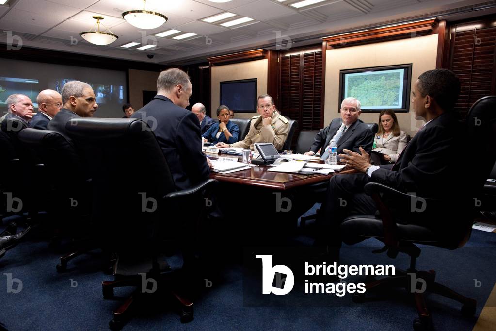 President Obama meets with national security team on Afghanistan and Pakistan, April 25, 2011. Situation Room of the White House, clockwise from President: Tom Donilon, Eric Holder, James Clapper, John Brennan, Neal Wolin, Bill Daley, Susan Rice, Adm. Michael Mullen, Robert Gates, and Michele Flournoy