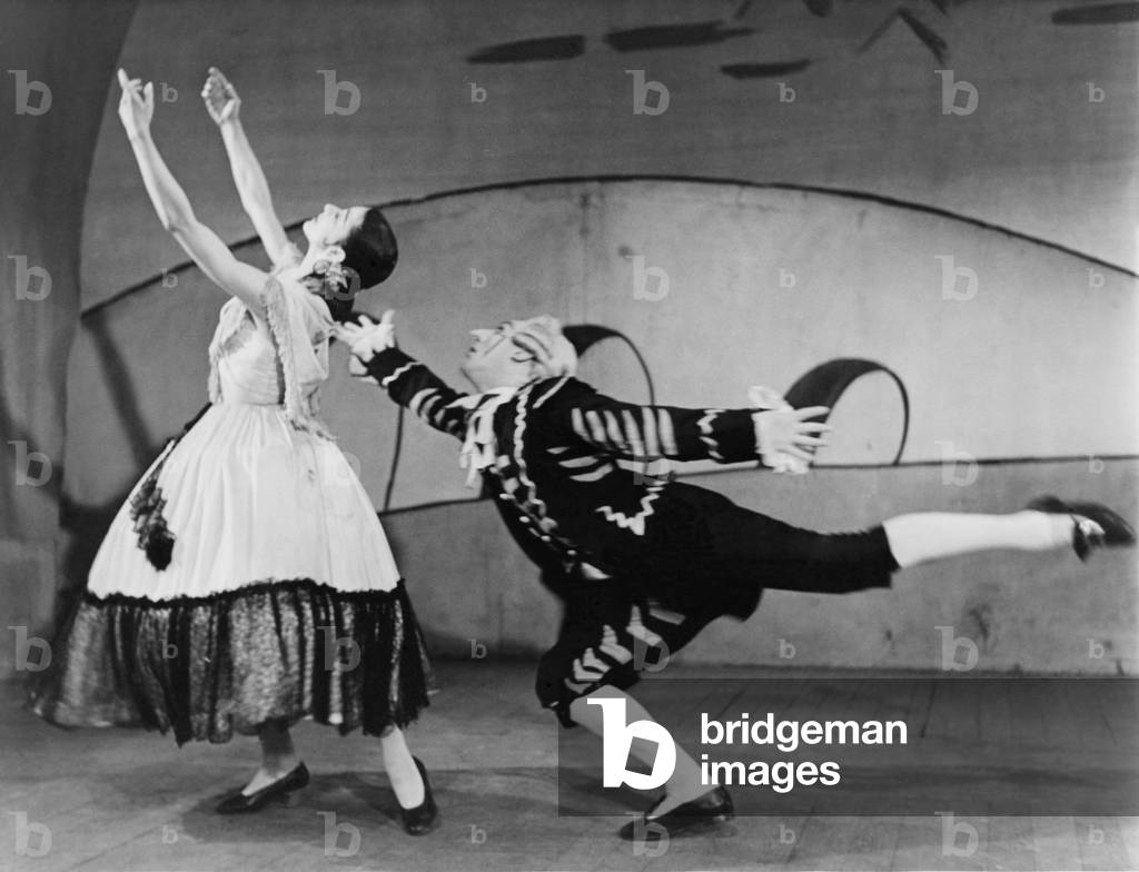 Margot Fonteyn (1919-1991), and John Hart (b. 1921) performing the ballet THREE CORNERED HAT, produced by Sadlers Wells Ballet Company, London, c. 1946. The ballet is based on the novella by Pedro Antonio de Alarcon, in which a government official attempts to seduce the faithful wife of a humble milner