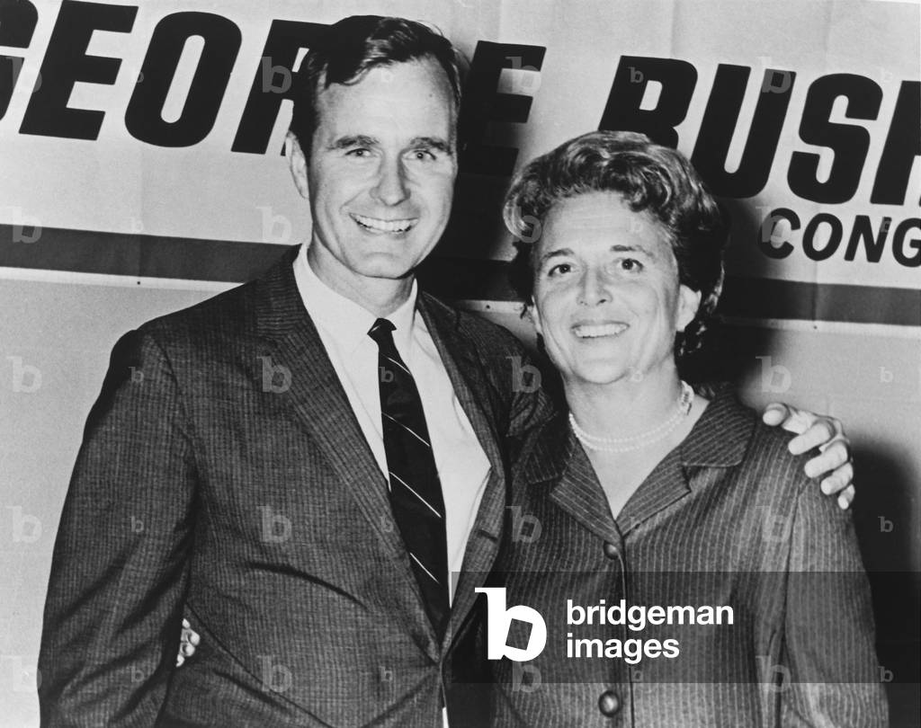 George and Barbara Bush in Houston Texas on the night which George Bush was elected to Congress in 1966 (b/w photo)