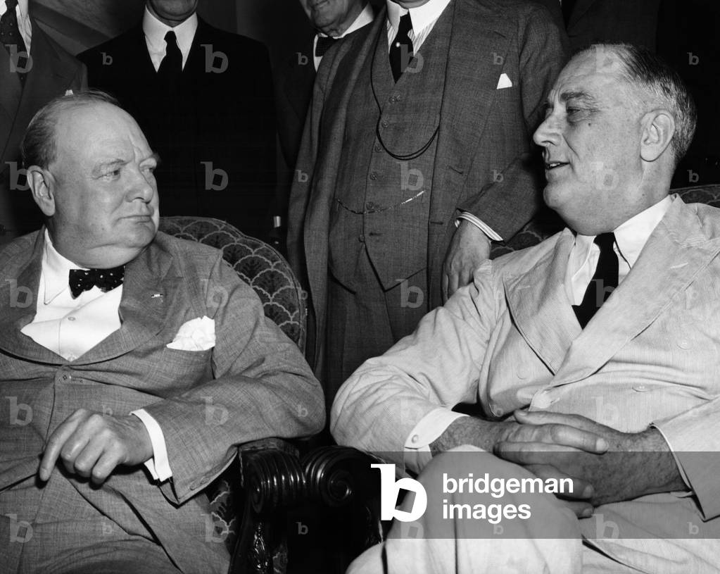 World War II. British Prime Minister Winston Churchill with US President Franklin Delano Roosevelt meeting for the Pacific War Council, White House, Washington, D.C., 1942