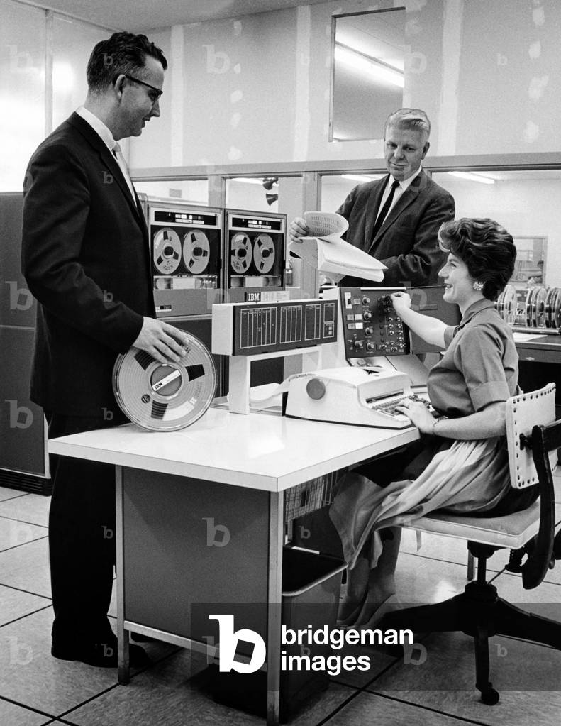 IBM computerizing magazine subscriptions in 1962. With 14 magazine publishers, IBM developed a computerized process for subscription fulfillment. The spools of magnetic tape contains files of subscribers processed on the IBM 1410 computer