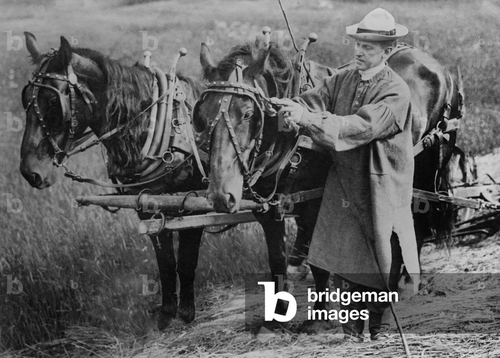 Calvin Coolidge adjusting a horse's harness on his father's farm in Plymouth, Vermont. c. 1920-23. Future President Calvin Coolidge wore a smock and leather boots while mowing hay