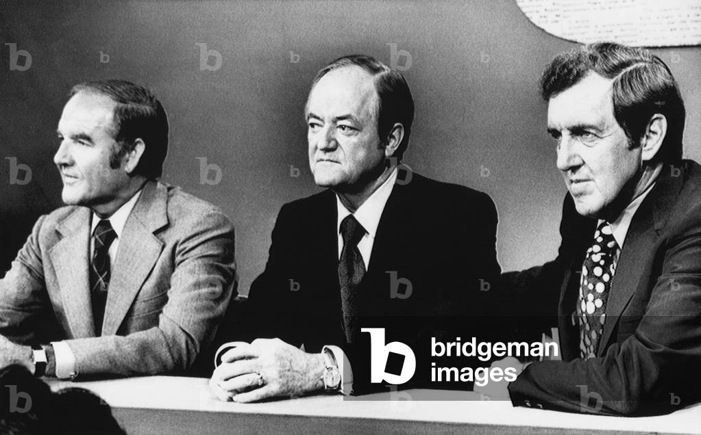 US Elections. From left: US Senator (and future presidential candidate) George McGovern, US Senator and former Vice President Hubert Humphrey, former US Secretary of State and US Senator Edmund Muskie, appearing on 'Meet the Press' prior to the Democratic National Convention in Miami, Florida, July, 1972
