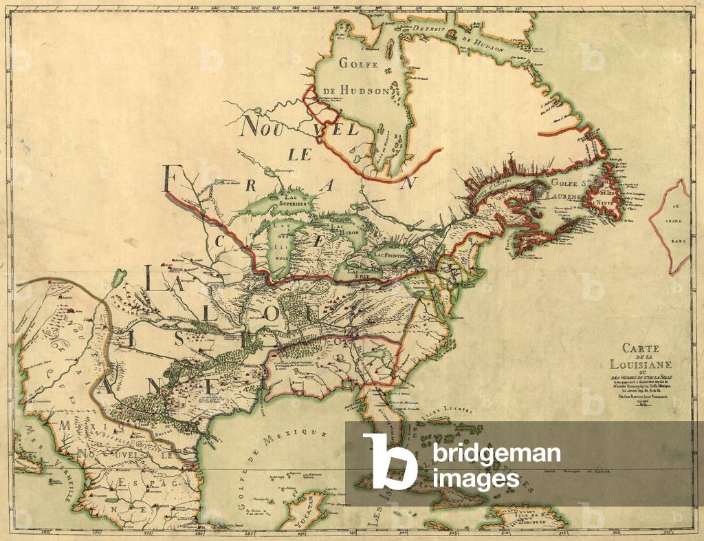 Map of North America showing the colonies of France, Spain, and Britain. At this time, Britain has the smallest territory, limited to coastal New England south to Virginia which includes present day Georgia and Carolina. 1684