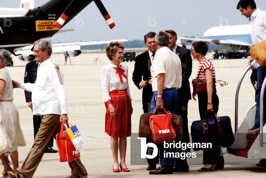 President and Mrs. Reagan greet former TWA hostages upon their arrival back to the US. They are some of 39 US citizens who had been held captive for 16 days in Beirut Lebanon by Shiite Moslem terrorists. July 2 1985
