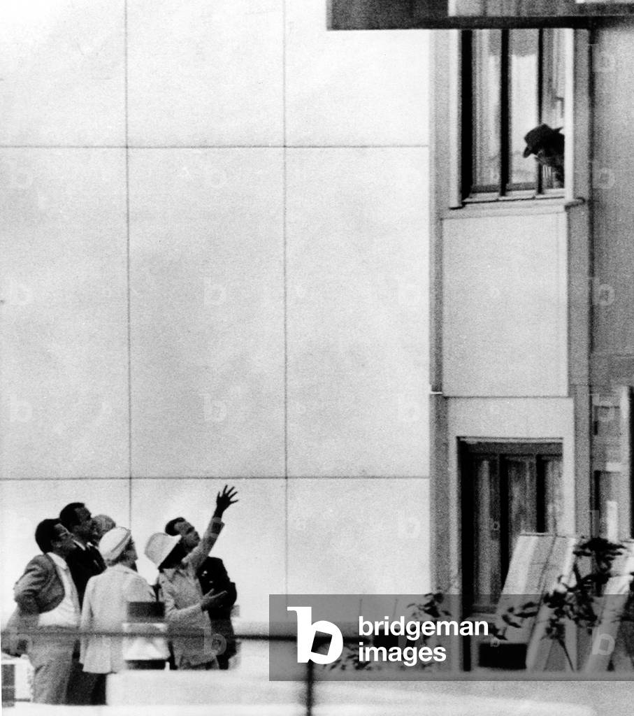 1972 Olympics, Members of 'Black September' (wearing hats) confer outside Israeli Quarters, Munich, Germany, 09-05-1972.