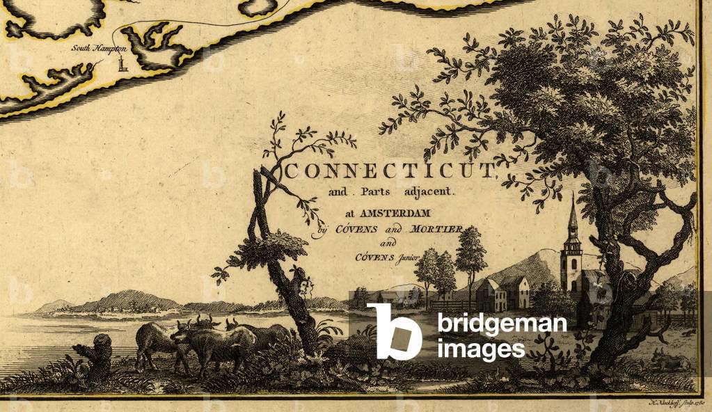 The American Revolution. A view of a colonial Connecticut town, taken from a cartouche on a map c. 1777