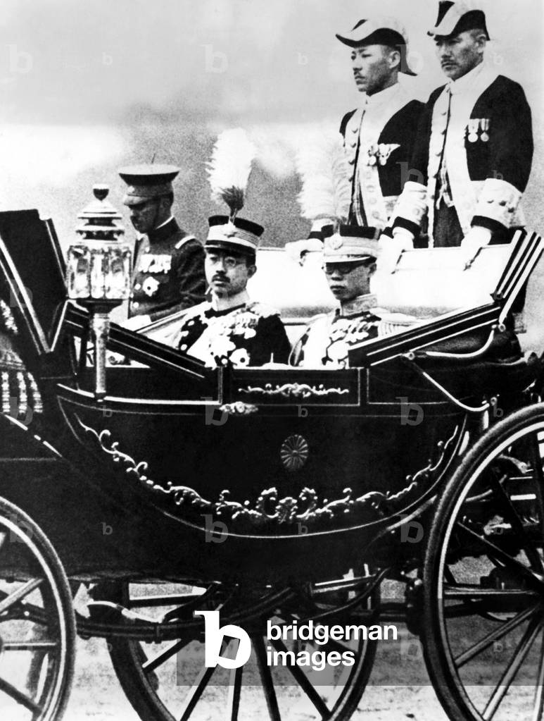 The imperial carriage bearing Emperor Hirohito and Emperor PU-Yi of Manchoukou. April 9, 1935.