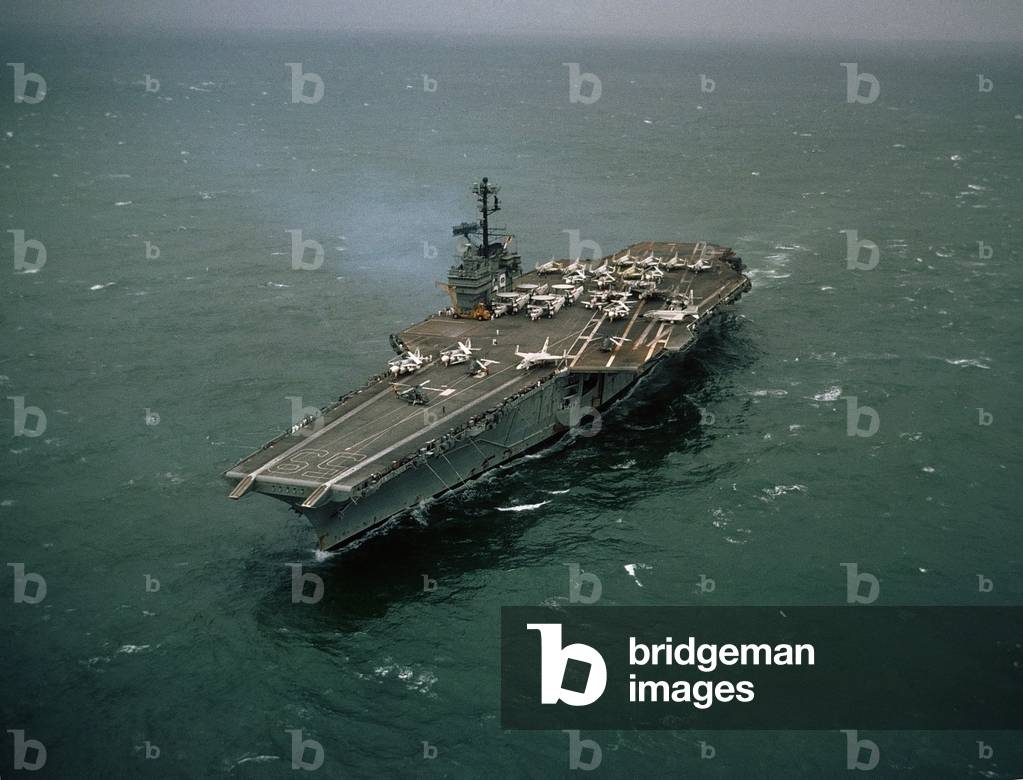 Vietnam War. USS FORRESTAL one month after mishandled explosives killed 134 crewmen while on duty in waters off Vietnam. The ship was repaired and spent the rest of the Vietnam War in the Mediterranean. Aug. 12, 1967
