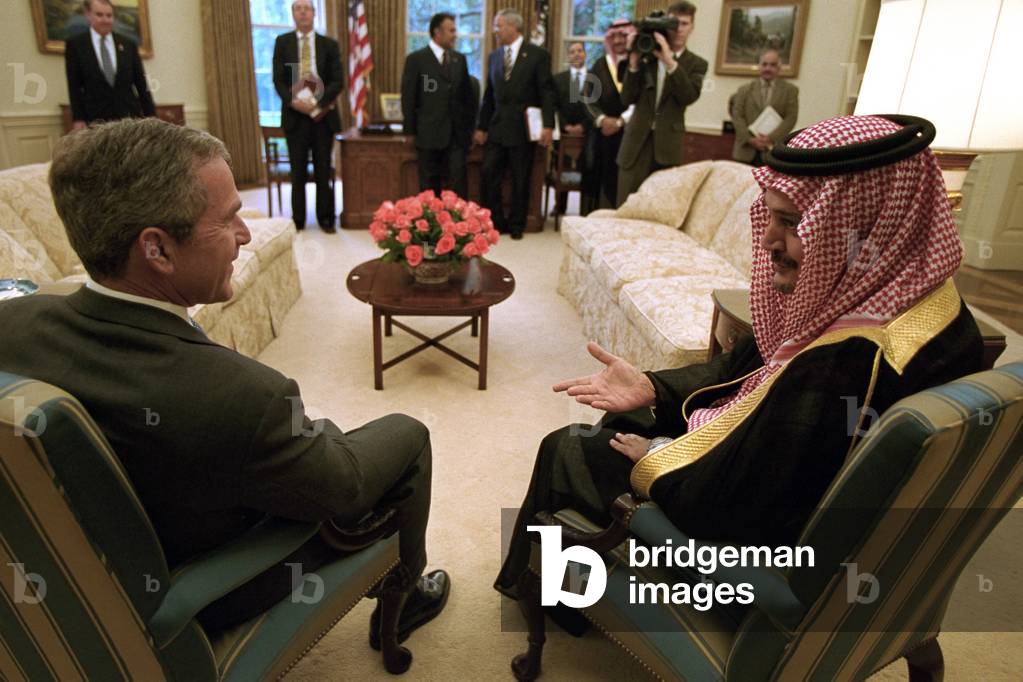 President George W. Bush meets with Foreign Minister Saudi Al-Fail of Saudi Arabia, Sept. 20, 2001. By this date, U.S. intelligence had determined Al Qaeda, lead by Saudi national, Osama bin Laden, was responsible for the 9-11 terrorist attacks