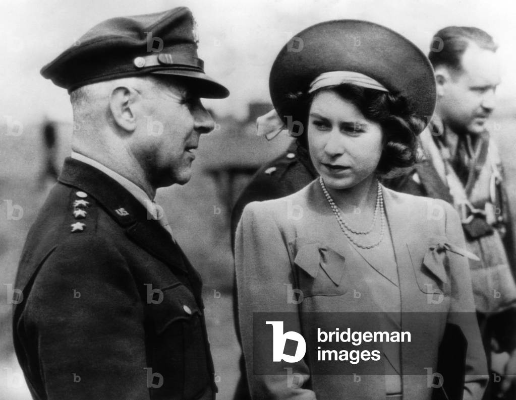 World War II. US Air Force General James Doolittle and future Queen of England Princess Elizabeth, US Bomber Base, England, 1944