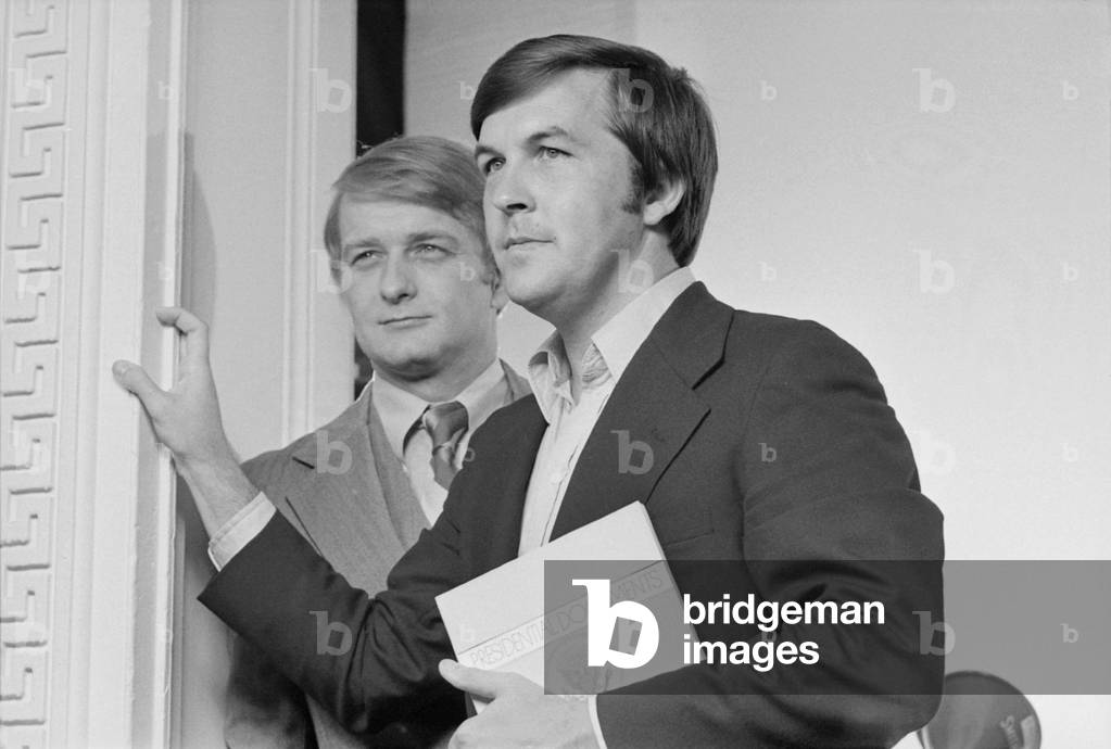 After managing Jimmy Carter's successful Presidential Campaign Jody Powell (left) served as Carter's as Press Secretary and Hamilton Jordan was the Chief of Staff. 1977 photo