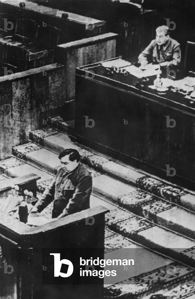 Party Secretary Georgy Malenkov at the podium with Premier Joseph Stalin seated behind him. Stalin would die 5 months later and Malenkov was his presumed successor. October 1952. 19th Congress of the Soviet Communist Party was held in the Great Hall of the Kremlin