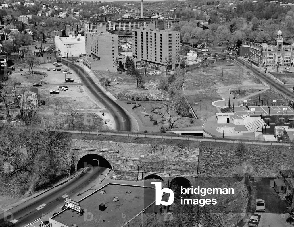 Yonkers, New York, c. 1980. Aerial view showing Old Croton Aqueduct was opening in 1842 transporting water from Upstate Reservoir to New York City. At the Saw Mill River Culvert spanning Nepperhan Avenue
