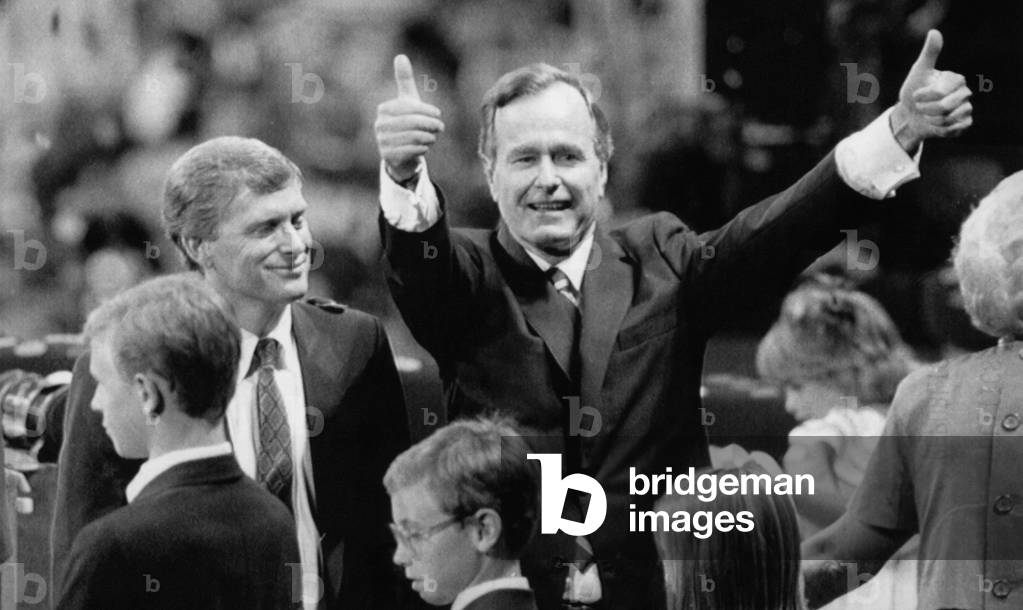 Bush Sr. Presidency. Senator and Vice Presidential nominee (and future Vice President) Dan Quayle, and Vice President and Republican Party nominee (and future US President) George Bush, at the Republican National Convention, New Orleans, Louisiana, August, 1988