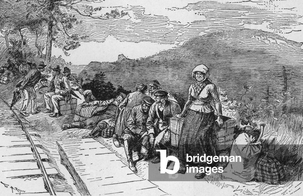 Newly arrived Slavic immigrants recruited to work in Pennsylvania coal mines wait for their train. After the U.S. Civil War, the anthracite mines and steel industry in Pennsylvania attracted Eastern Europeans from Poland, the Austro-Hungarian, and the Russian Empires, building one of the largest concentrations of Slavic Americans in the United States. c. 1880