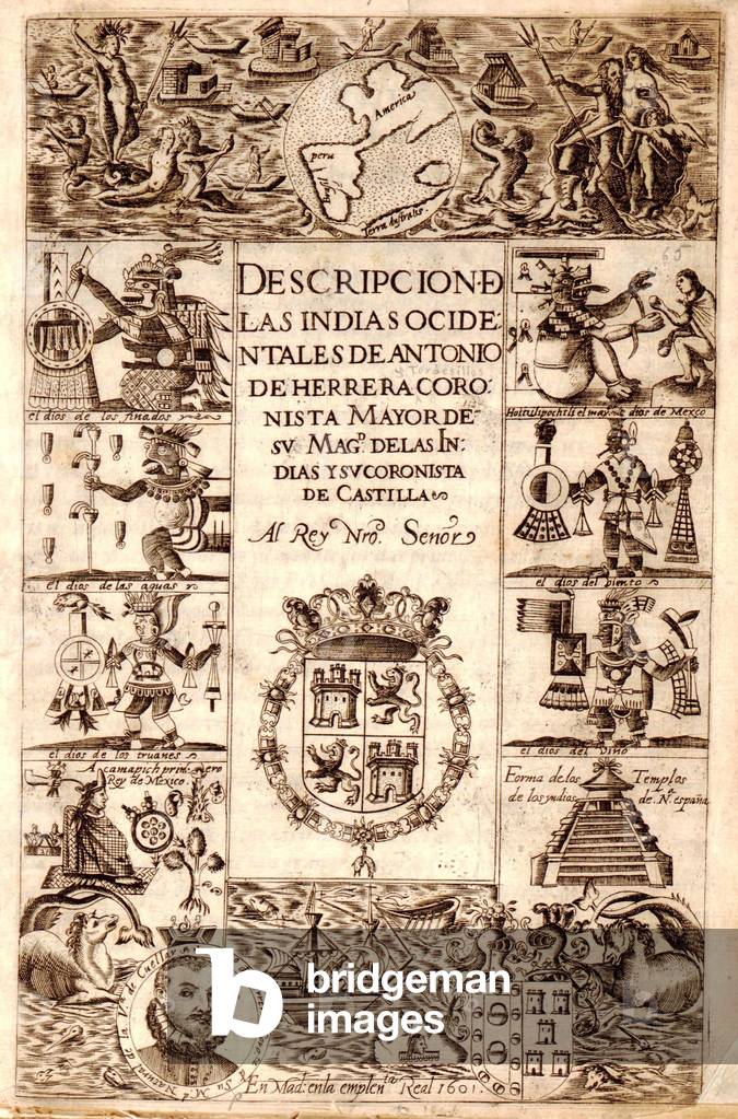 Title Page of 1610 book about the Natives of New Spain with portraits of Inca leaders, prominent Spaniards, native buildings, and scenes