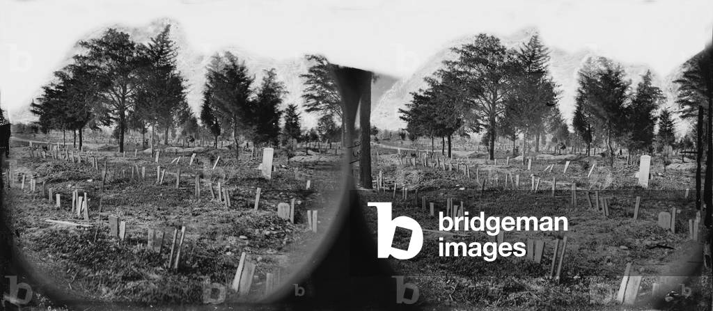 The Civil War, graves of Confederate soldiers in Hollywood Cemetery, with board markers, Richmond, Virginia, stereo photograph, 1865