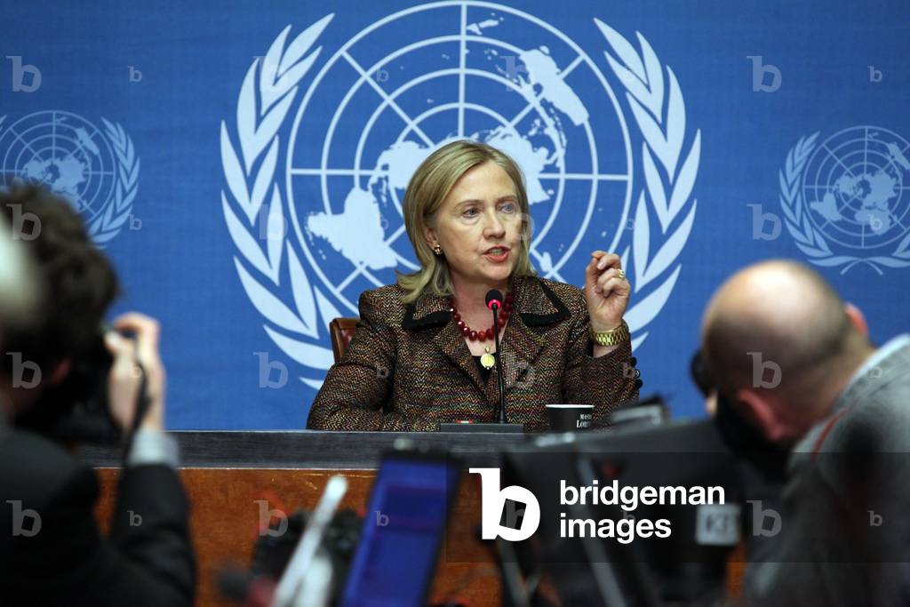 Hillary Clinton speaking to the press after addressing the Human Rights Council and the Conference on Disarmament at the UN Office in Geneva . Feb. 28 2011. (BSWH_2011_8_13)