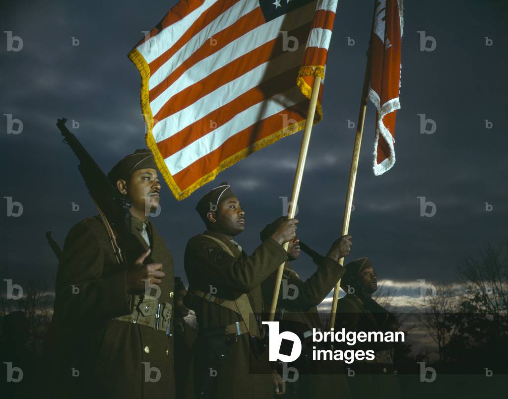 Color guard of African American engineers, Ft. Belvoir, Virginia, during World War 2. c. 1941-45