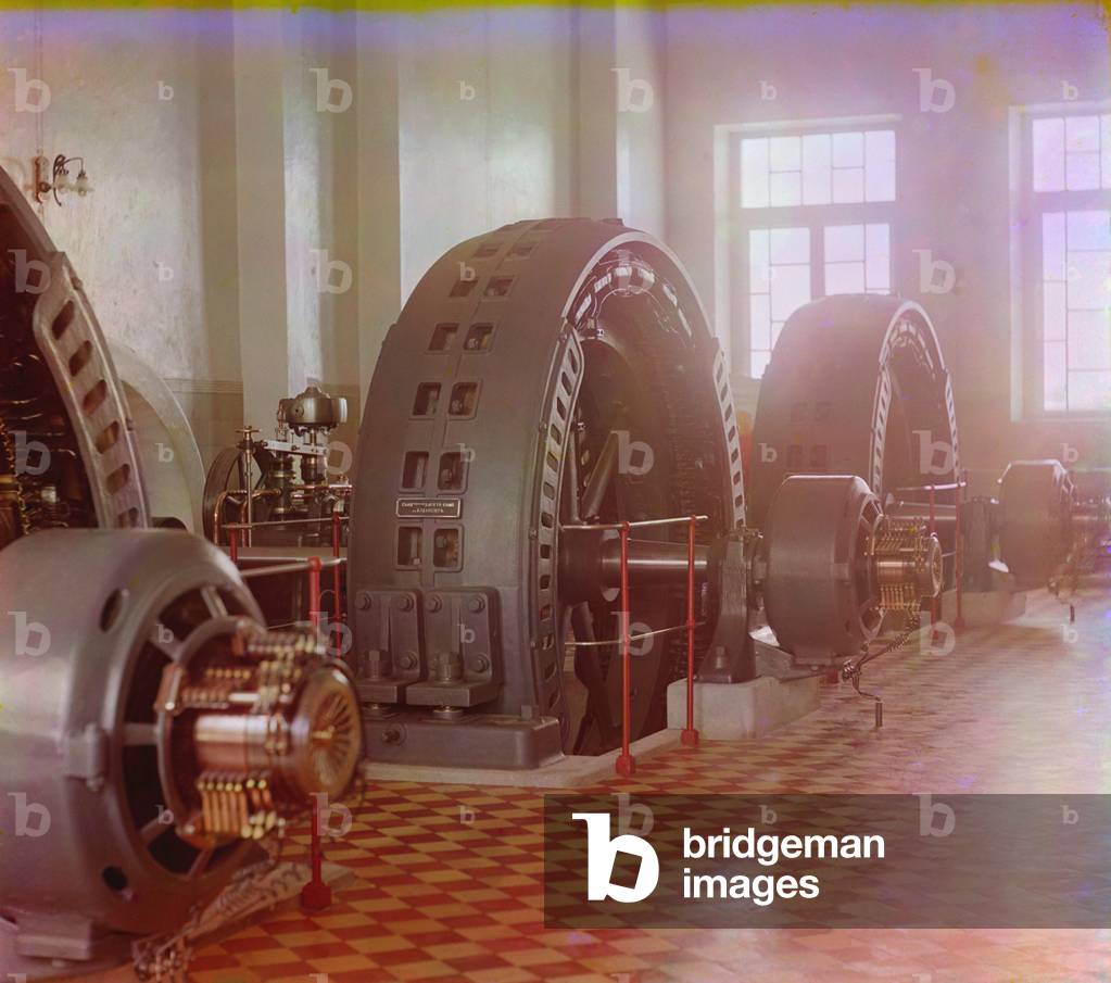 Early 20th century hydroelectric station on the Murghab River in Iolotan, Russia. The Hungarian of Russia's delayed modernization in the last years of Czarist rule. Early color process photography by Sergei Prokudin-Gorskii, c. 1905-1915