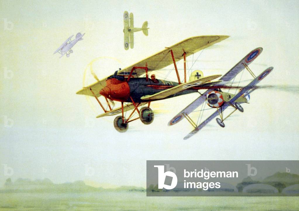 World War I air battle in which American pilots Lieutenant Douglas Campbell and Lieutenant Alan Winslow down their first German Pfalz D-3s, ca. 1915