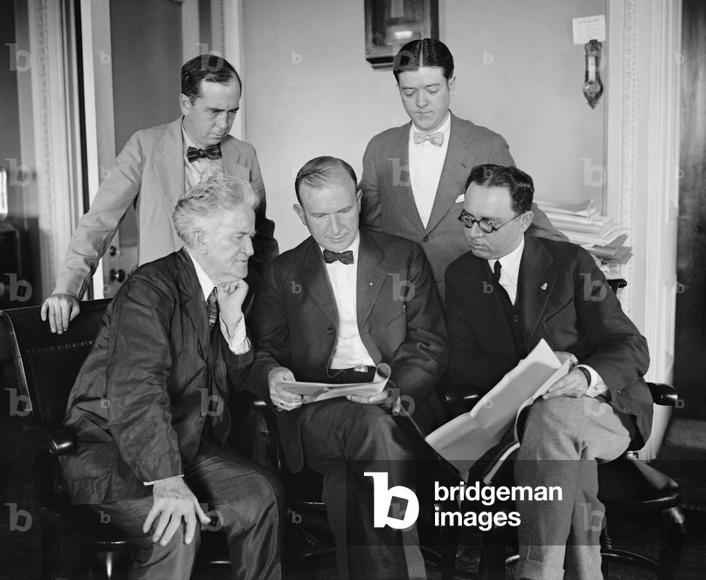 Senator Robert La Follette Sr., 1924 Progressive Party Candidate for President (seated, left). Counter clockwise form Sen. La Follette: Sen. Burton Wheeler, VP Candidate; David K. Miles; Robert Marion La Follette, Jr.; B.M. Manly