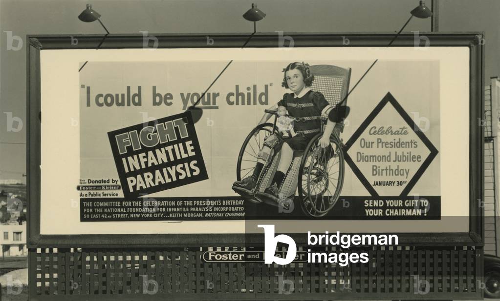 Billboard sponsored by the National Foundation for Infantile Paralysis, California, 1942 (b/w photo)